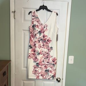 Donna Ricco Pink and Cream Asymmetrical Sleeveless Sheath Dress